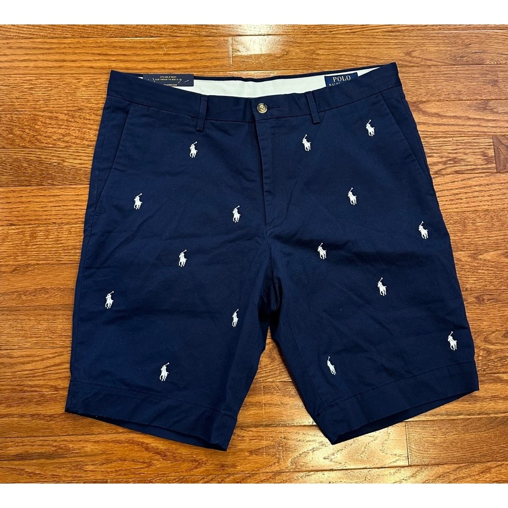 New Polo Ralph Lauren Stretch Slim Fit Shorts Mens 34 Navy Pony All Over Print